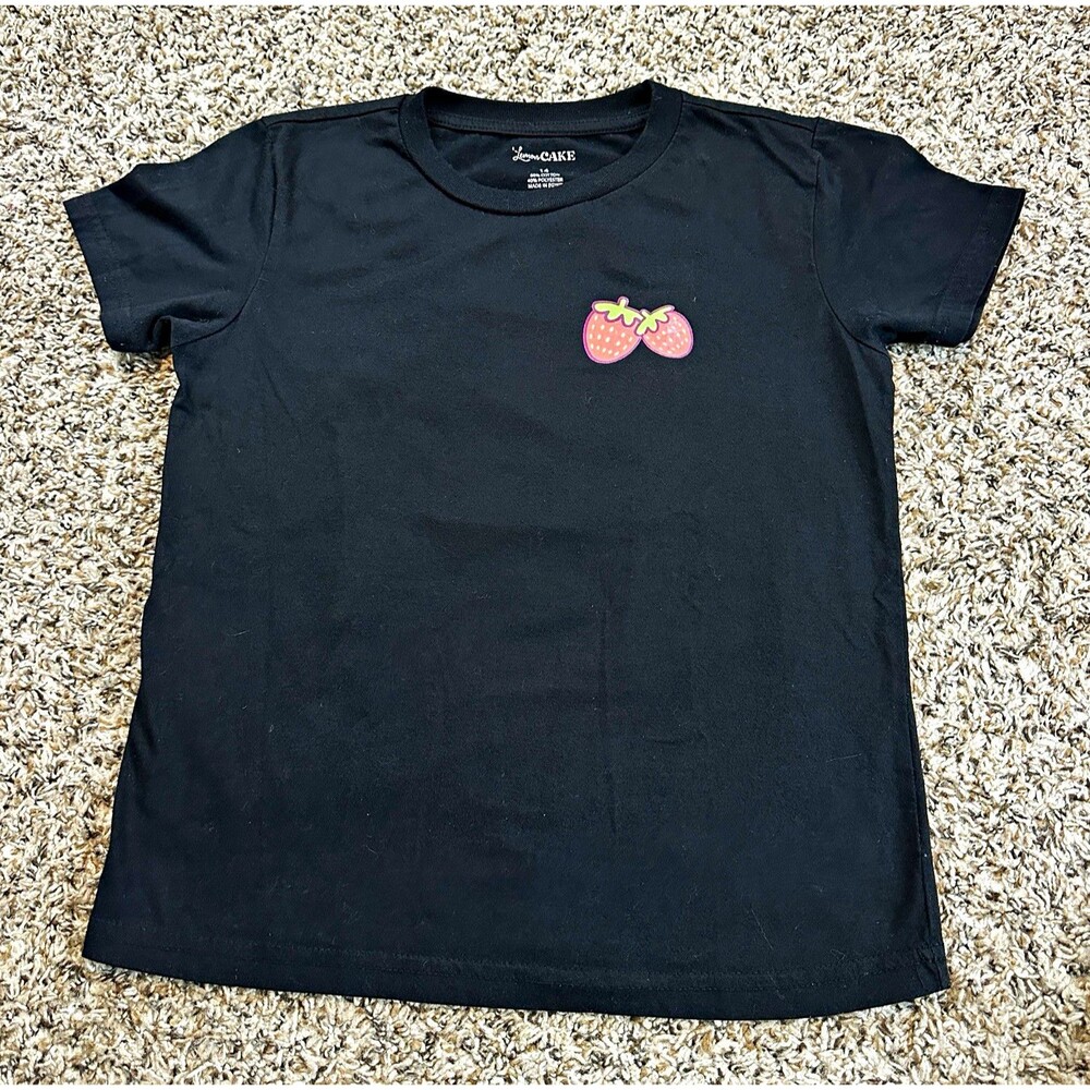 Lemon CAKE Girls Sz 14 Black Crew Neck Short Sleeve Sloth Strawberry T-Shirt